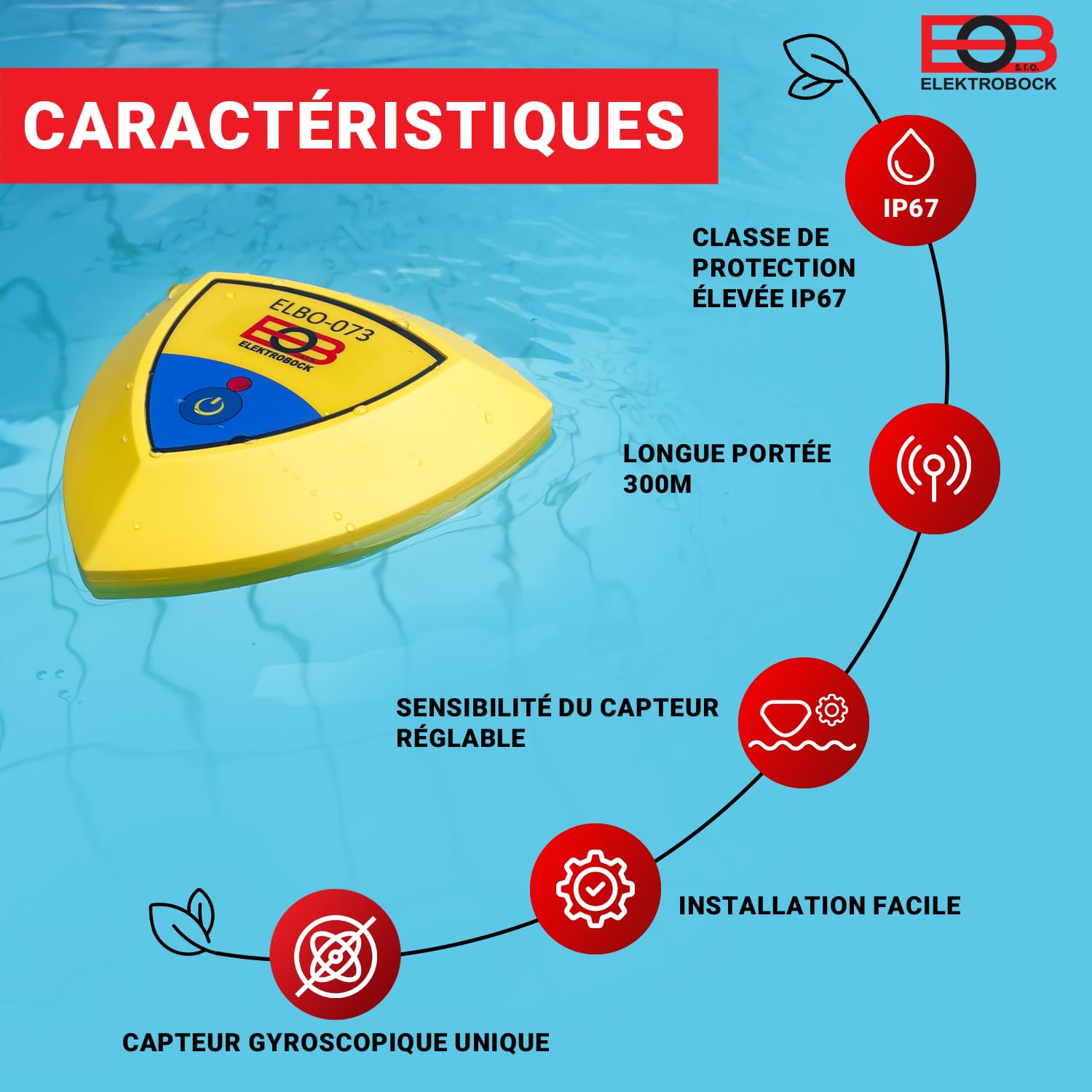 ELEKTROBOCK Alarme de piscine ELBO-073 - Détecteur de mouvement flottant avec sirène 95dB, l'eau bouge - le récepteur radio déclenche une alarme forte, installation facile, IP67, pour toutes piscines