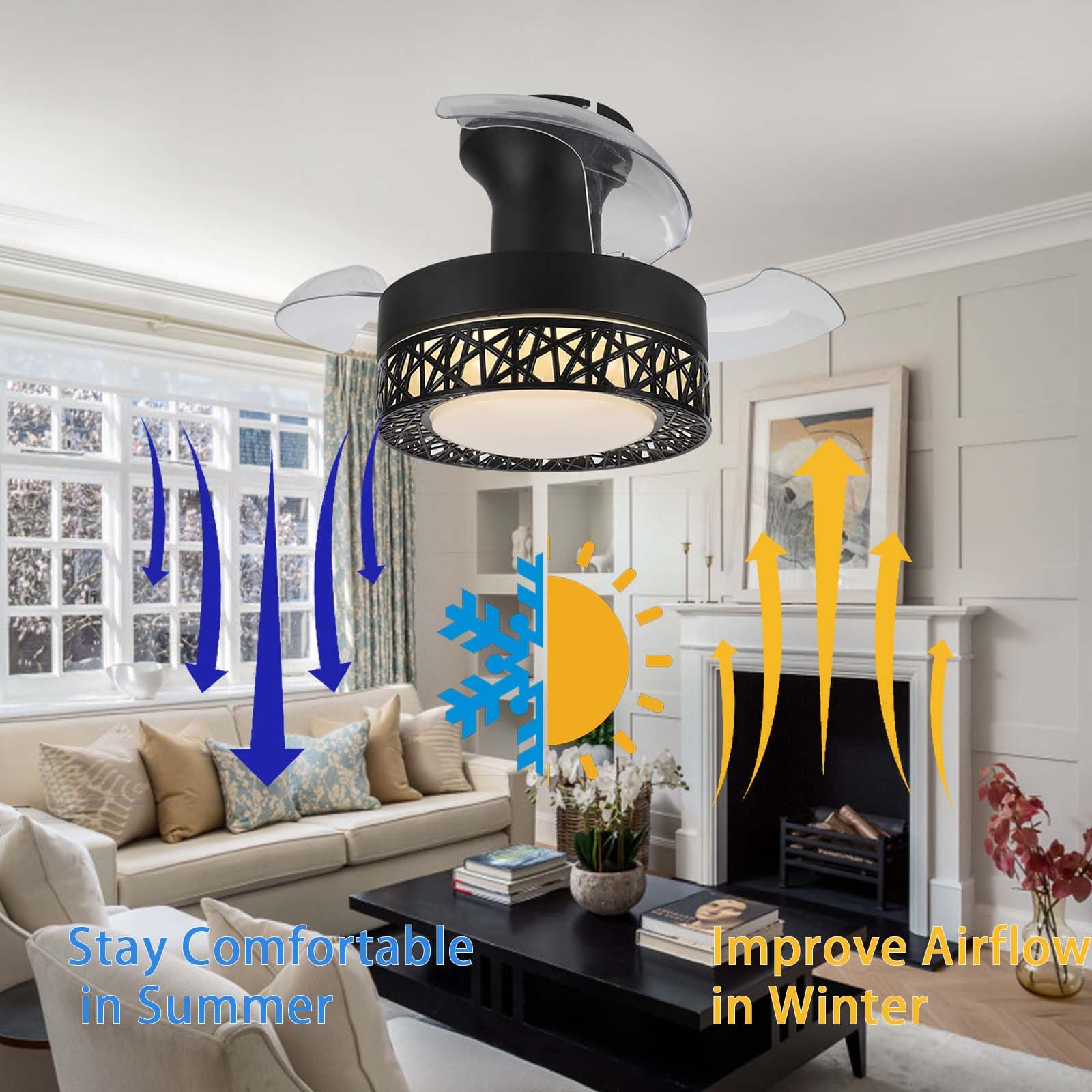 Plafoniera Con Ventilatore Da Soffitto, Reversibile 6 Velocità Ventilatore a Soffitto Con Luce,Dimmerabile Ventola Soffitto Con Luce Silenzioso Ventilatore Con Telecomando & App-D