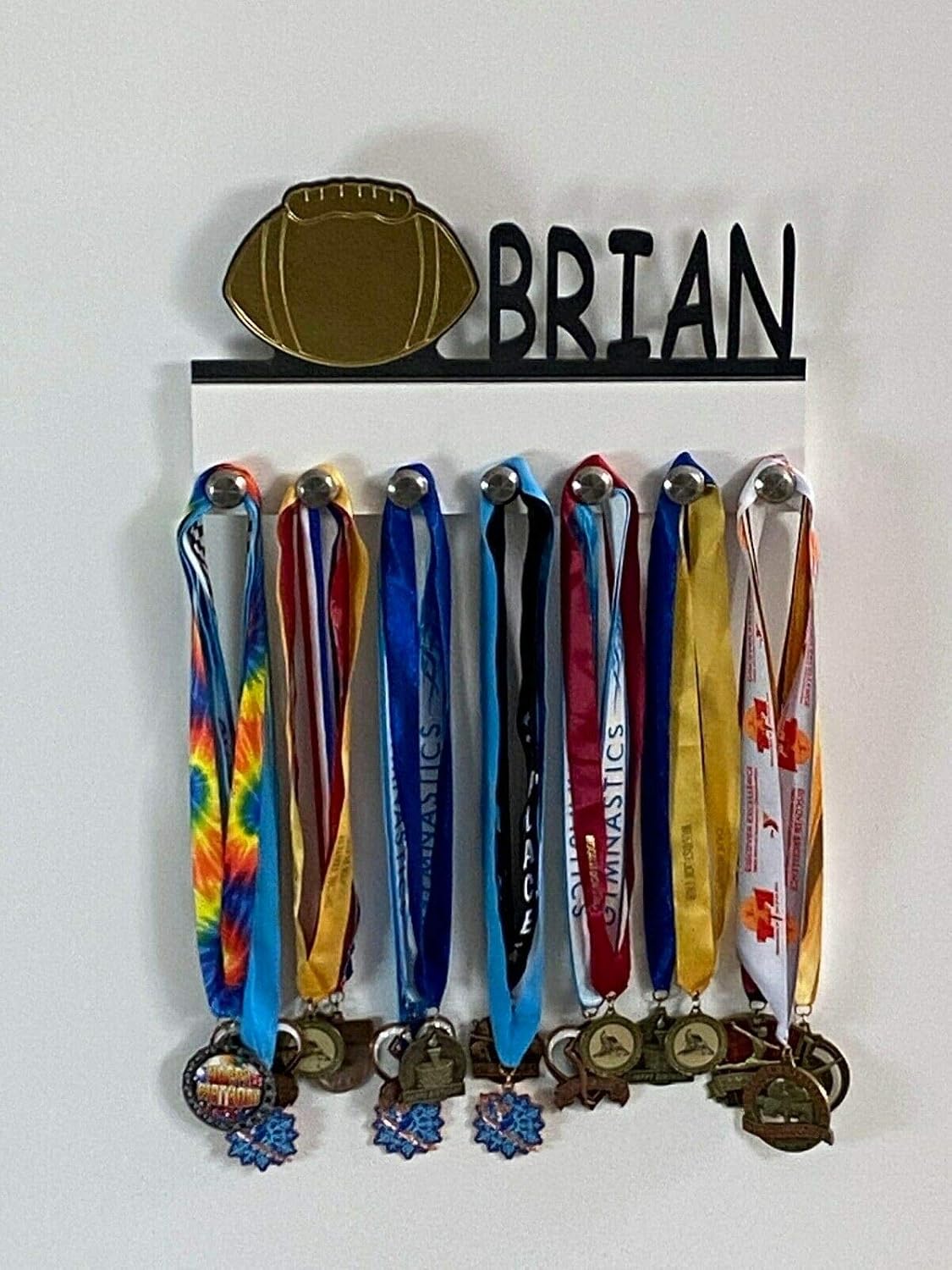Custom Personalized Name Medal Holder Football Sports Display Awards Wall Organizer Hanger Rack with Hooks for 60+ Medals, Ribbons, Sports 16'' Wide, Made to Order with Your Name On It