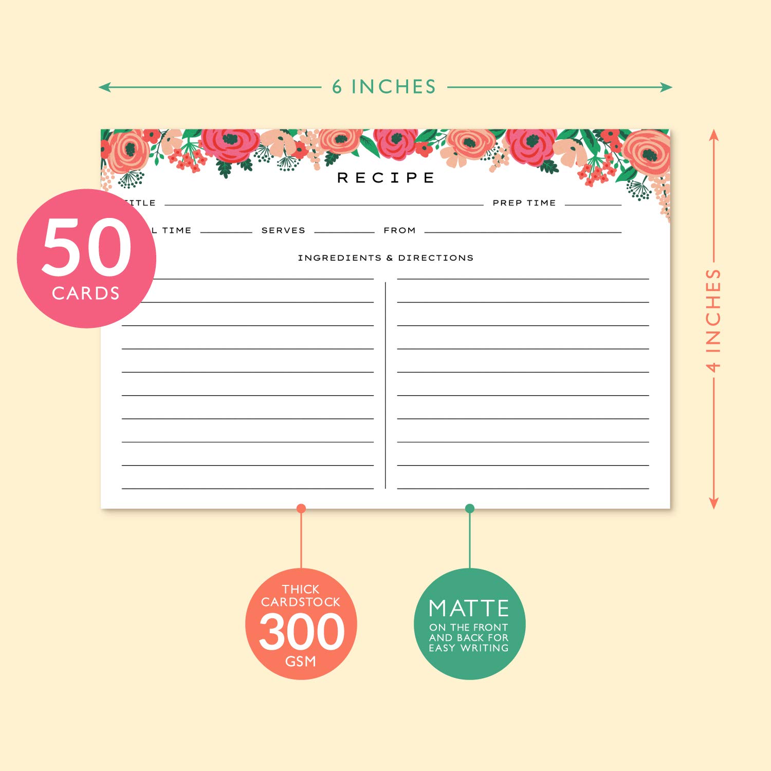 Sweetzer & Orange 4x6 Recipe Cards. Set of 50 Floral, Blank Kitchen Sheets 4x6 Inches Double Sided. Large Cooking Index Paper Fits Standard 4x6 Recipe Box Perfect for Organizing & Preserving