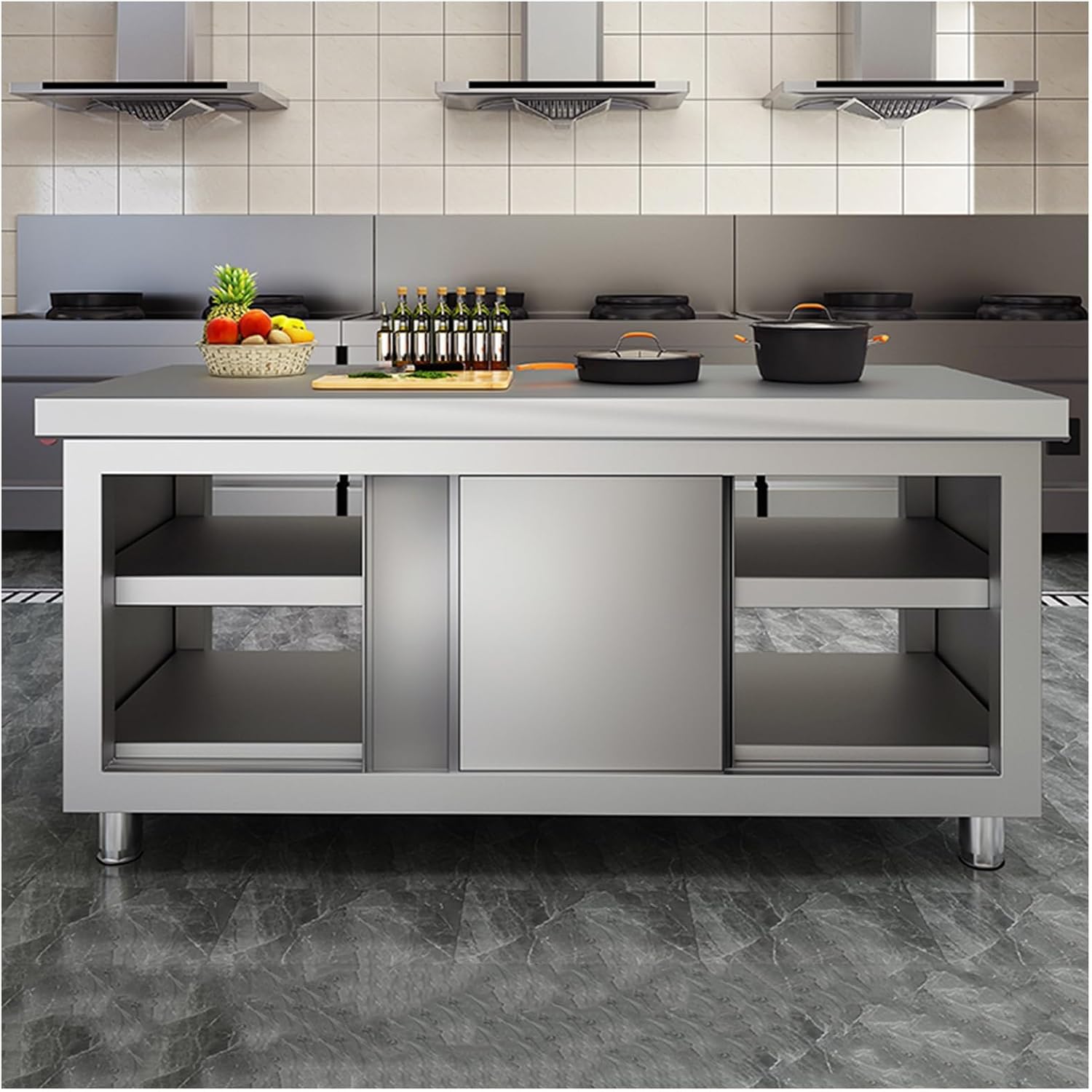 Stainless Steel Kitchen Prep Table - Commercial Double Pass Workbench, Sturdy Storage Cabinet for Baking, Cutting, and Vegetable Packing - Multifunctional Metal Operating Table