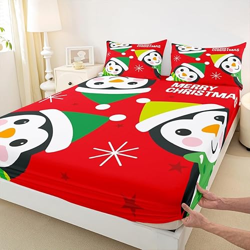 Miniatura 4 de Juego de sábanas de Feliz Navidad, tamaño King, diseño de pingüinos de dibujos animados, animales árticos, decoración de habitación de niños y