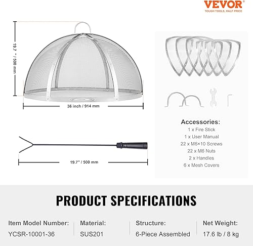 Miniatura 6 de VEVOR Tapa de pantalla de chispa para fogata, 36 pulgadas de diámetro, cubierta redonda para anillo de hoguera al aire libre, cubierta de metal para