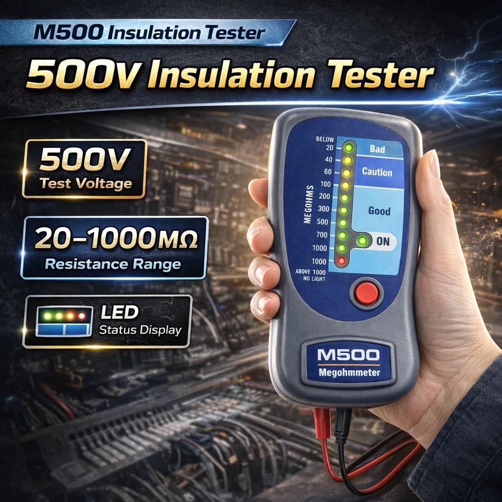 M500 Insulation Tester Megohmmeter, 500V Digital Insulation Resistance Tester up to 1000MΩ, HVAC Compressor & Motor, Battery Operated, Includes Soft Carrying Cas