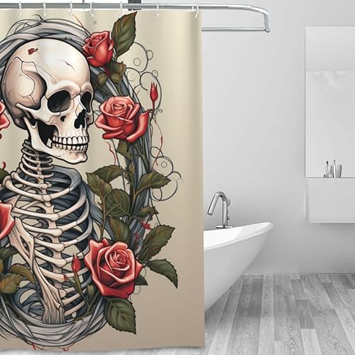 Miniatura 2 de YLATY3445 - Cortina de ducha de calavera para baño, divertido juego de cortina de ducha hippie con flores rojas y esqueleto, pintura al óleo, tela