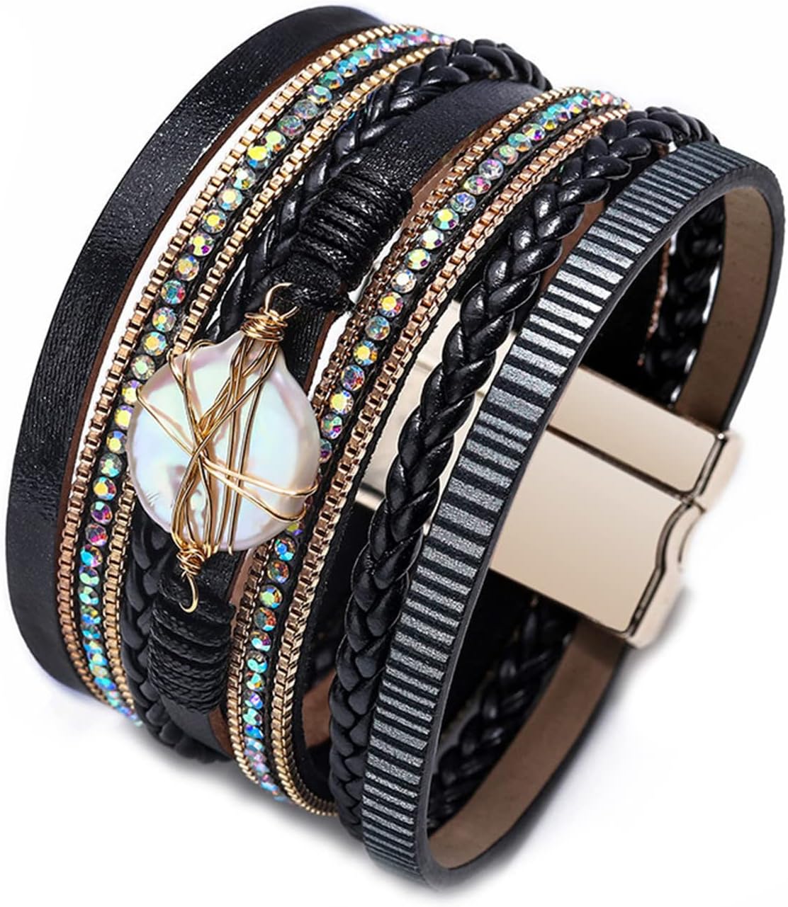 Caiyao Multilayer Bohemian PU Leather Wrap Bracelet Bangle Evil Eye Infinity Crystal Rhinestone Bead Heart Wristband Bracelet for Women Men Boho Cuff Jewelry Gift-J black