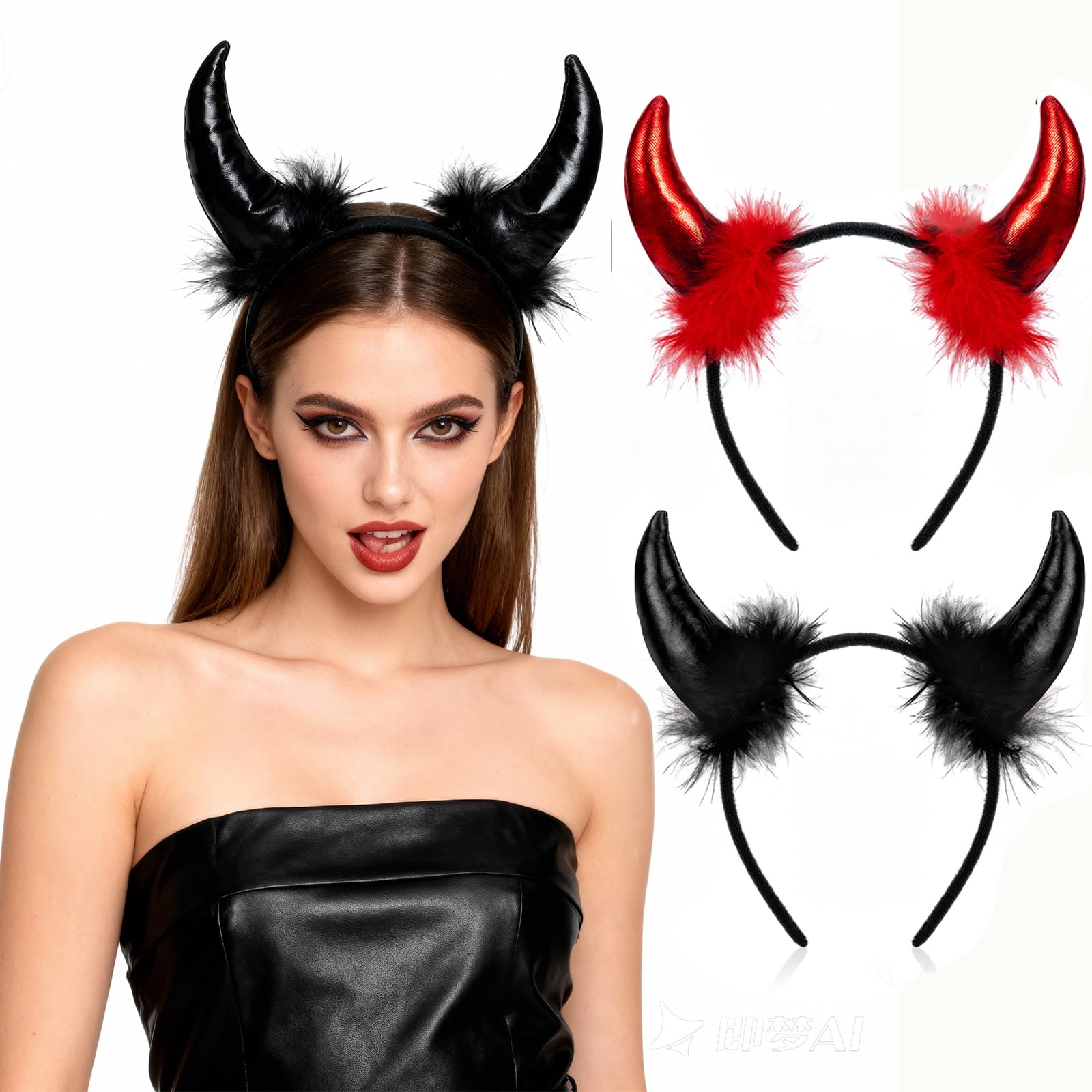 Serre-tête Avec Oreilles De Diable - Accessoire Carnaval, Halloween - Taille Unique, Cornes 7cm, Noir/rouge