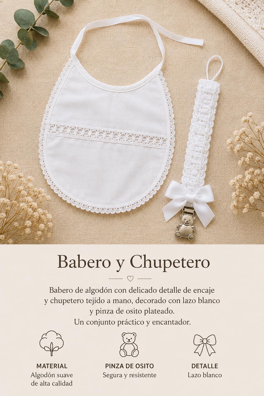 Set de Bautizo Personalizada con Nombre — Set Completo Vela, Paño, Concha y Babero — Regalo Bautizo Bebé en Caja Premium (Angel)
