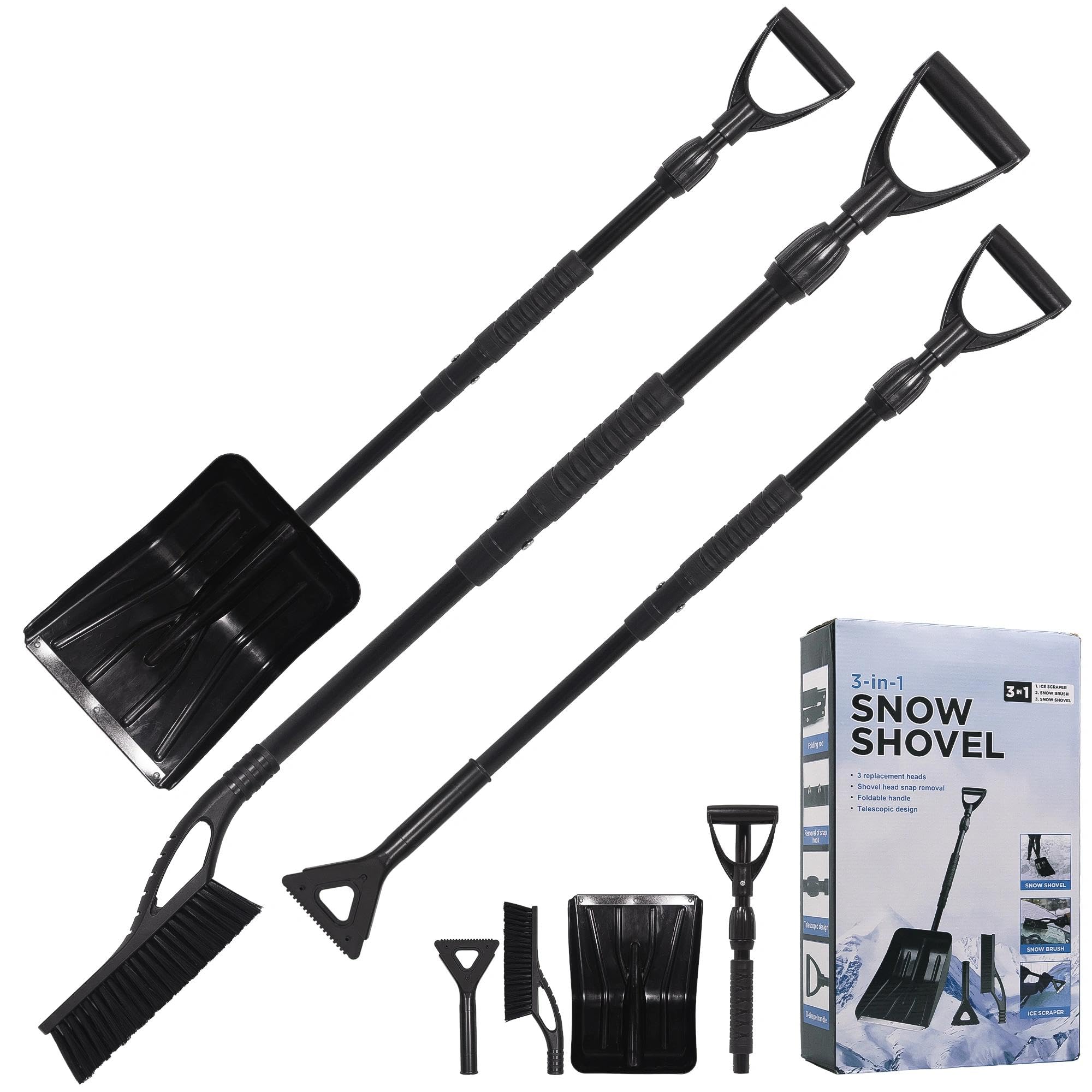 Deecam Pelle à neige extensible pour voiture, accessoires de voiture d'hiver et kits essentiels - Brosse à neige amovible avec tête rotative à 360° / pelle / grattoir à glace pour voitures, camions