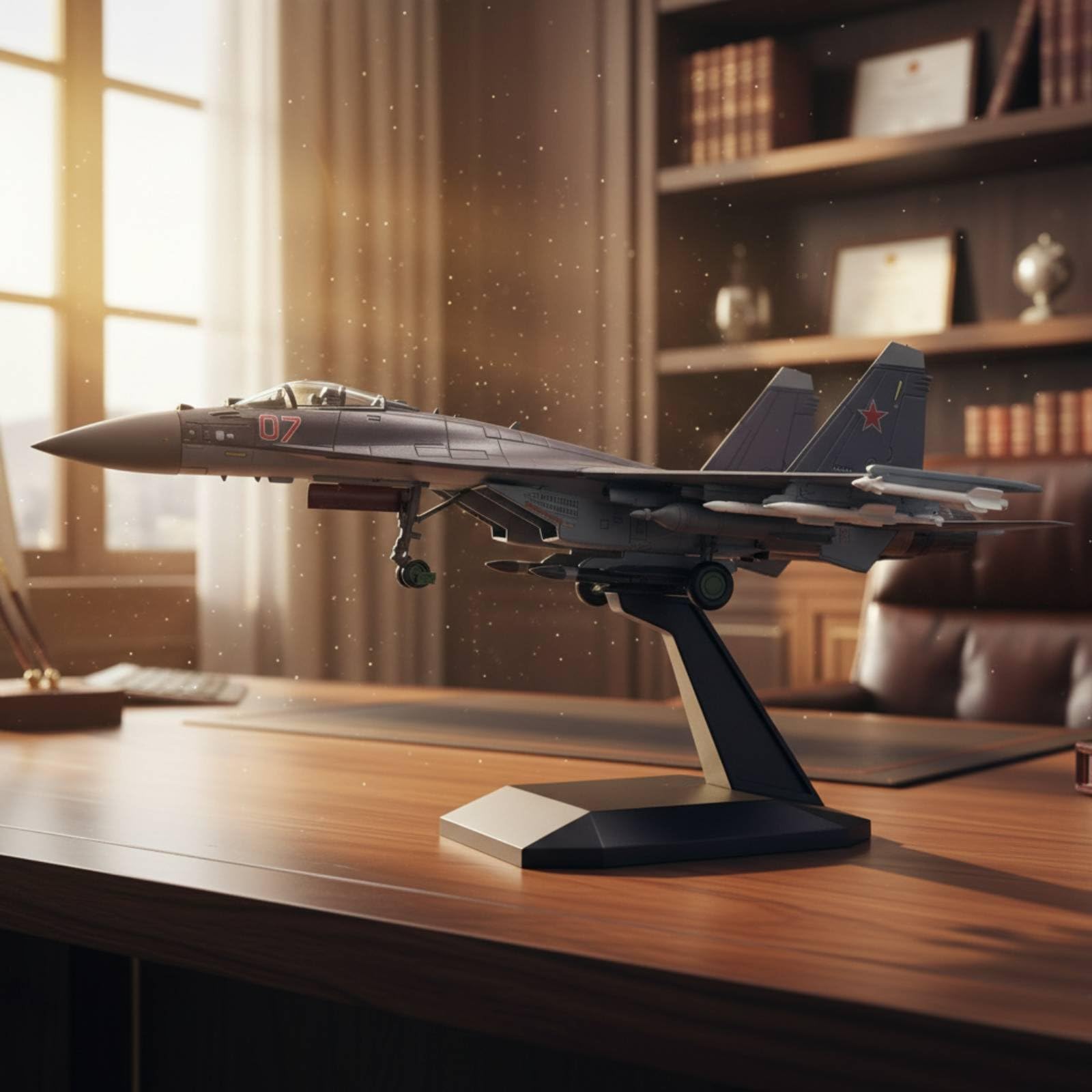 Aereo Su-35 Modello Caccia Miniatura Pressofuso Lega con Dettagli Fedele E Supporto Espositivo Adatto per Scrivania Ufficio Libreria Sala Hobby