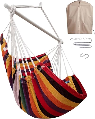 Miniatura 10 de MIZTLI Hamaca, silla colgante, silla colgante para dormitorio, interior y exterior, barra separadora de acero con anillos antideslizantes, 2 cojines