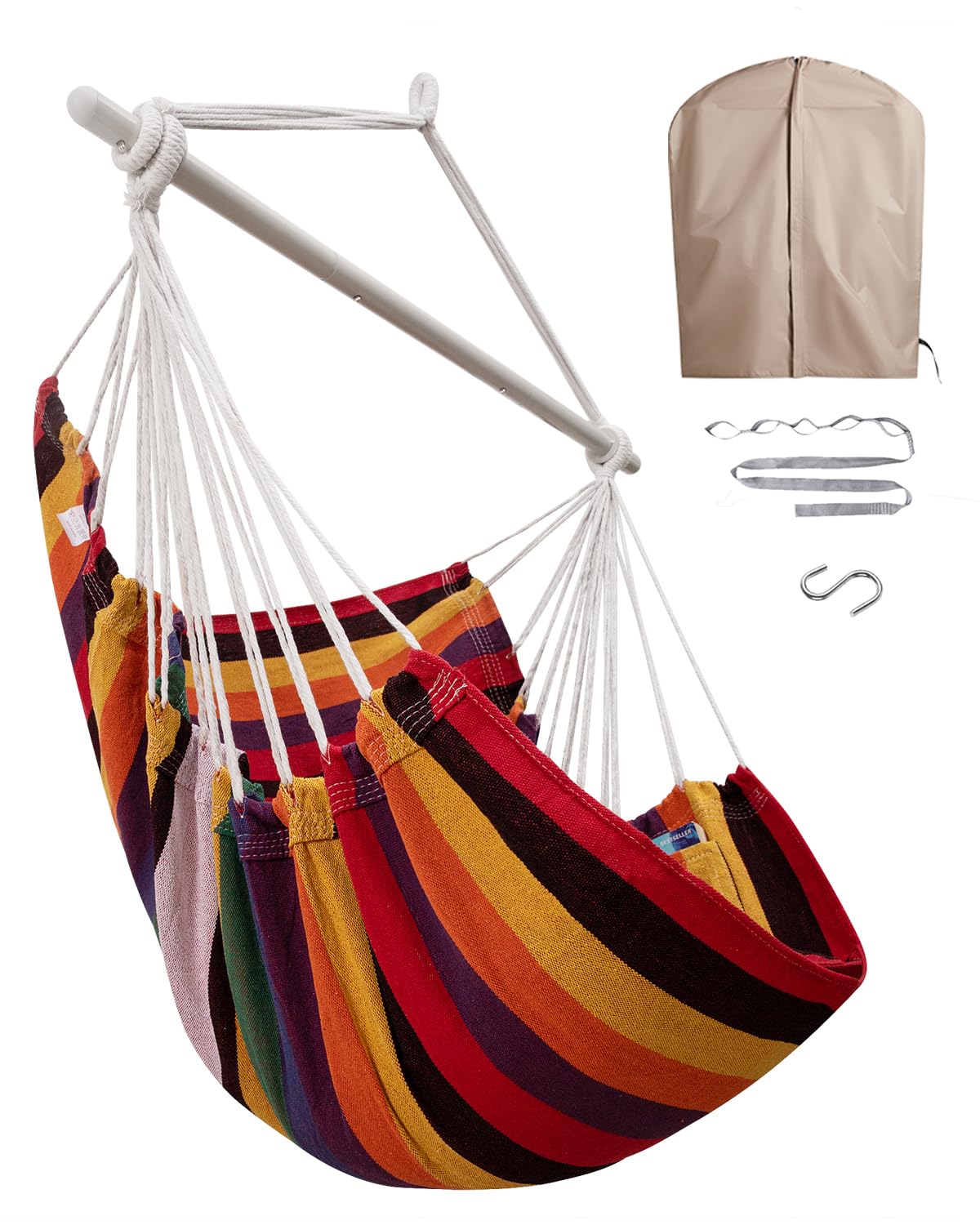 Miztli Hammock Chair with Hanging Chair Cover – Max 500 Lbs, Steel Spreader Bar with Anti-Slip Rings, Comfortable Indoor & Outdoor Hanging Chair –