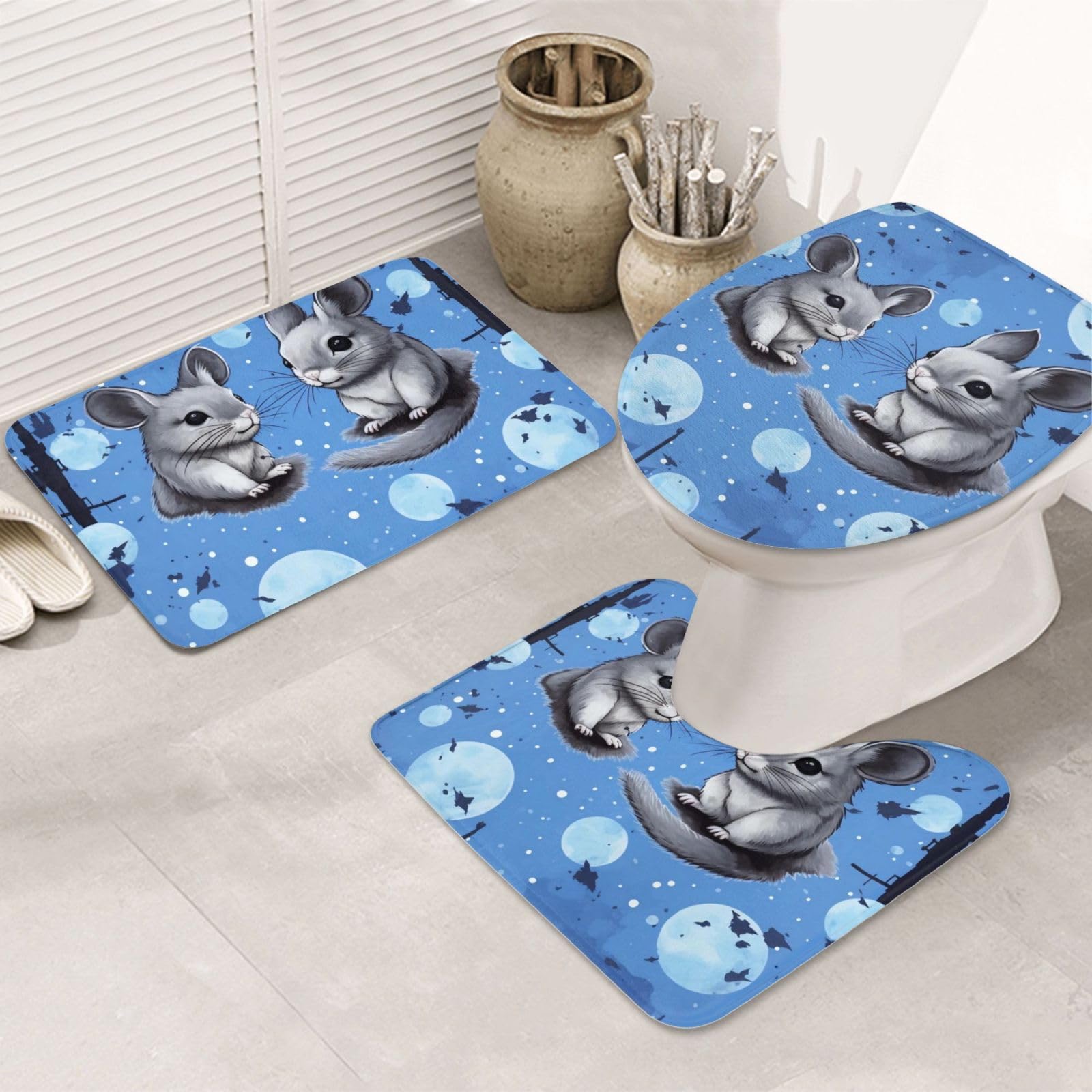 Tapis de salle de bain flanelle bleu nuit motif chinchillas poétique