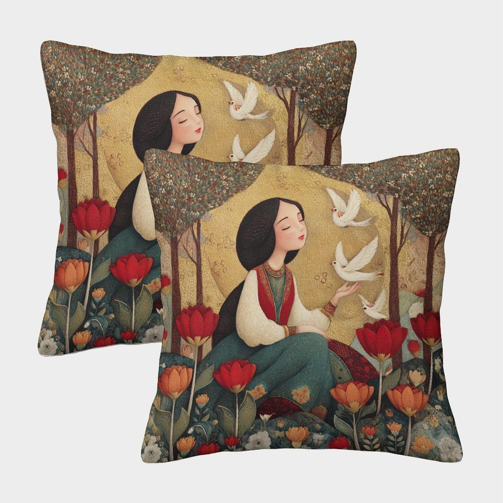 kaiyun 2 Pack A Young Girl Holds A Bird, Tulips, And A Tall Tree in Her Hands 3D Cushion Cover Pillow Cover Sofa Outdoor Decoration Square 45x45cm
