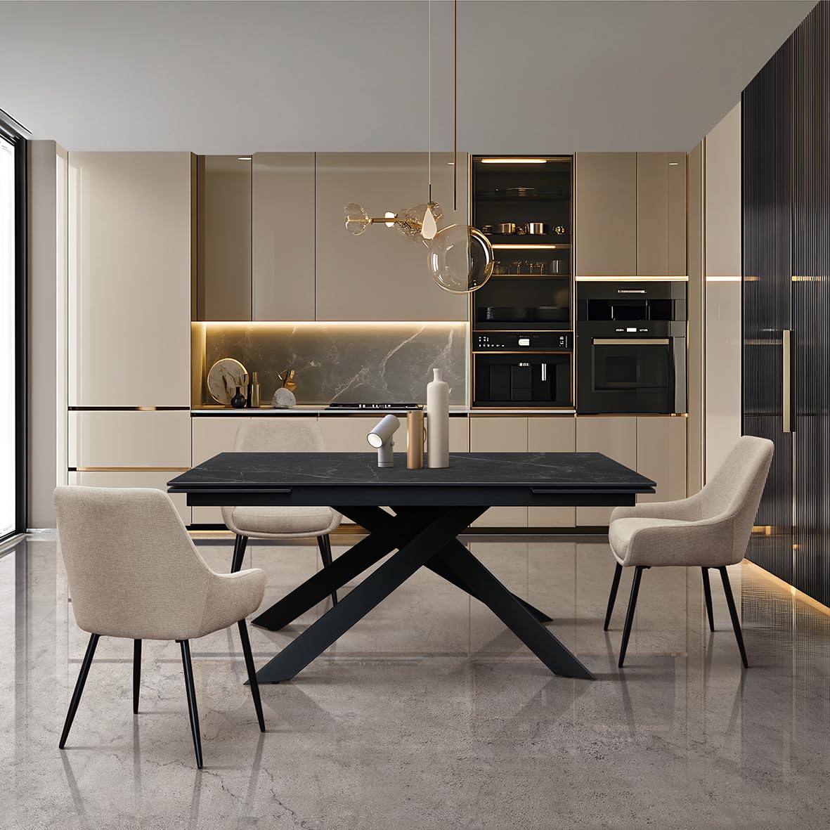 PAZZO DESIGN Tavolo Allungabile Eugenio, Piano Ceramica Calacatta Nero Lux, Gambe in Metallo Incrociate Nere, Cucina, Salotto, Ceramica, 160 x 90 x h76 cm - id_2287