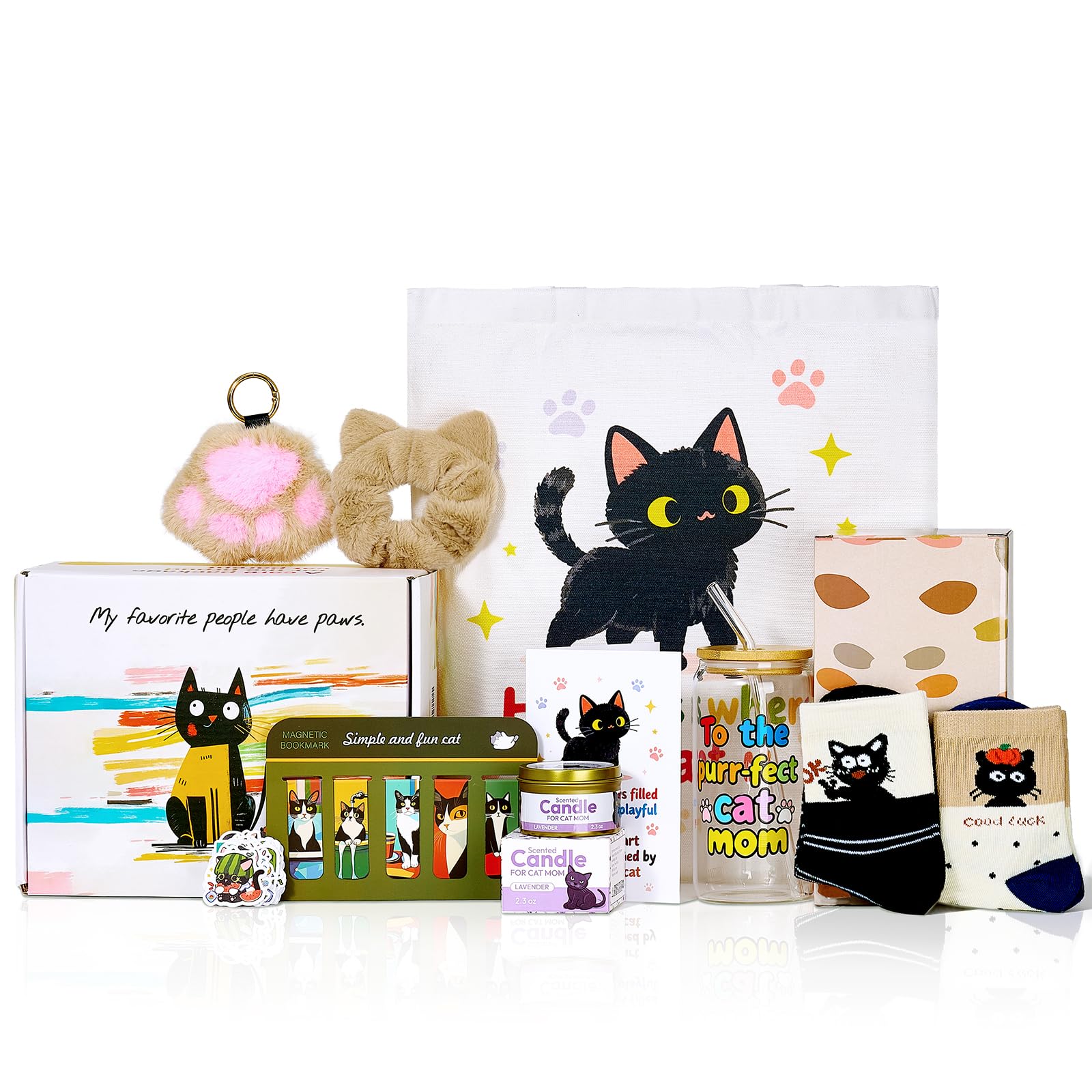 Cat Lover Gifts for Women, Valentine's Gift Box with Glass Cup, Socks, Candle, Tote Bag & Greeting Card | Unique Cat Themed Presents for Birthday,
