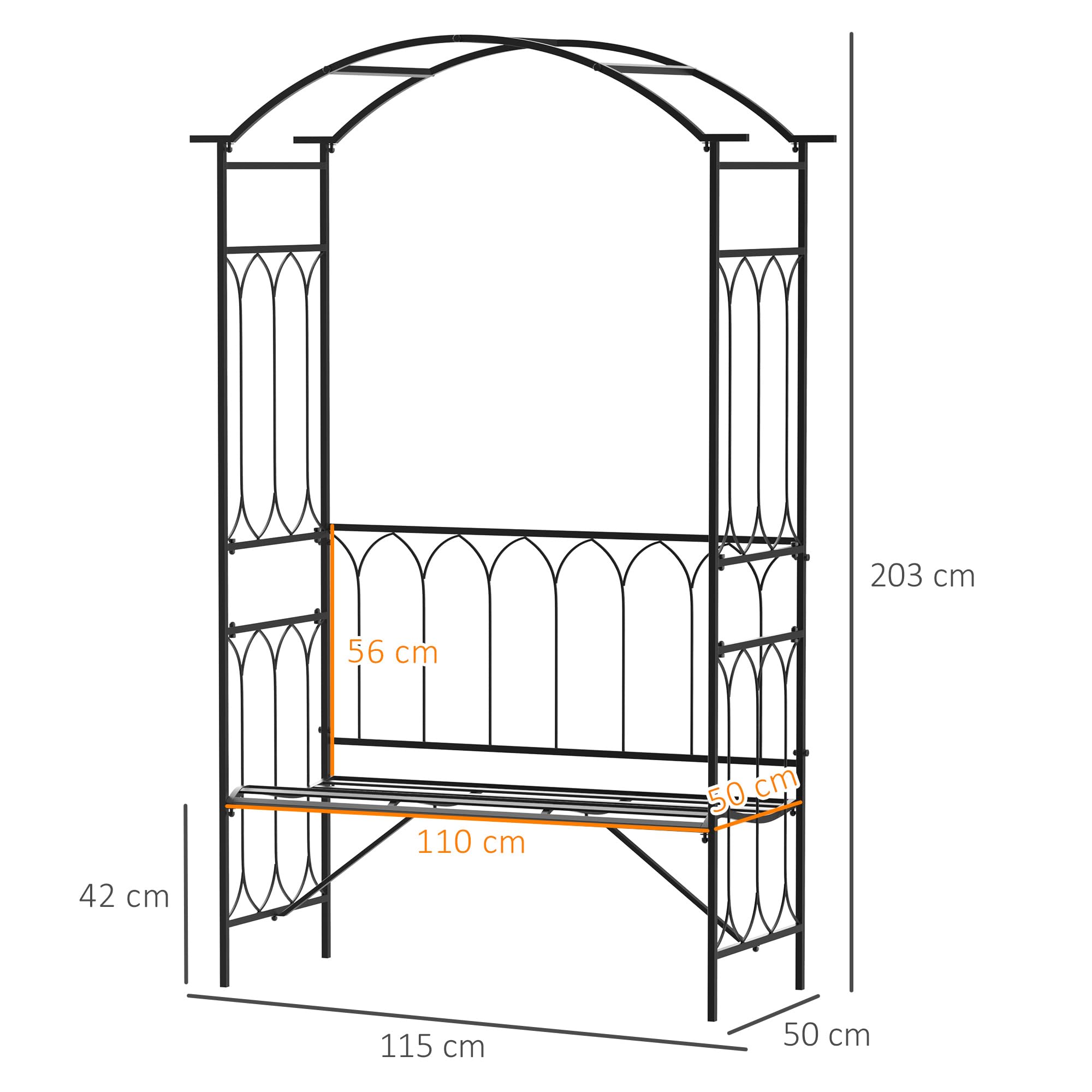 Outsunny Rosenbogen aus Metall Rankhilfe für Kletterpflanzen Gartenbogen mit Bank Spitze Rankbogen Torbogen für Rosen Bögen Rosenhilfe Rankgitter für Garten 115 x 50 x 203 cm Schwarz