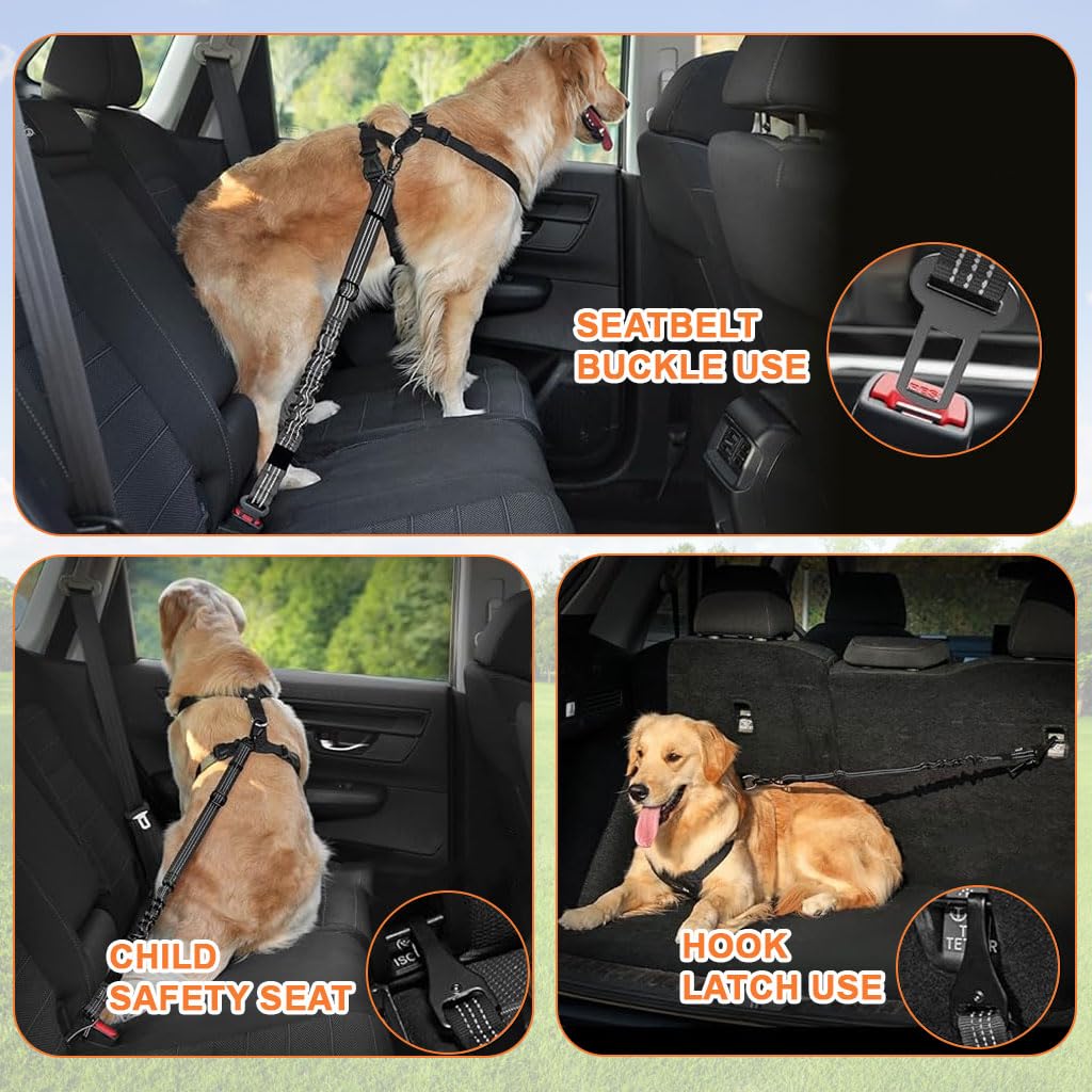 STHIRA® 2Pcs Dog Safety Harness for Car 3-in-1 Dog Leash Bungee Reflective Restraint Strap for Car Back Seat, Dog Harness with 360 ° Swivel Screwgate Carabiner, Quick Release Clip Tongue 4