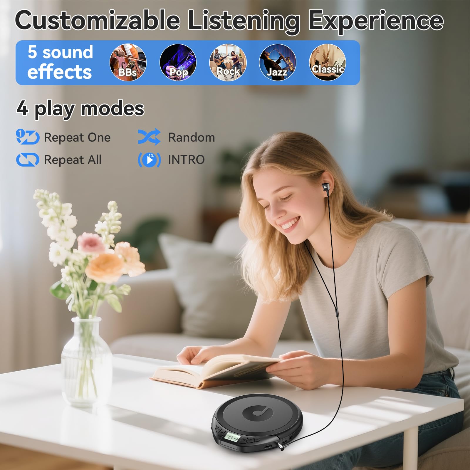 CD Player Tragbar: KOVCDVI Tragbarer CD-Player mit LCD-Display, Unterstützt CD-R/CD-RW/MP3-Wiedergabe, Kopfhöreranschluss, BBS/POP/Rock/Jazz/CLAS Soundmodi Schwarz