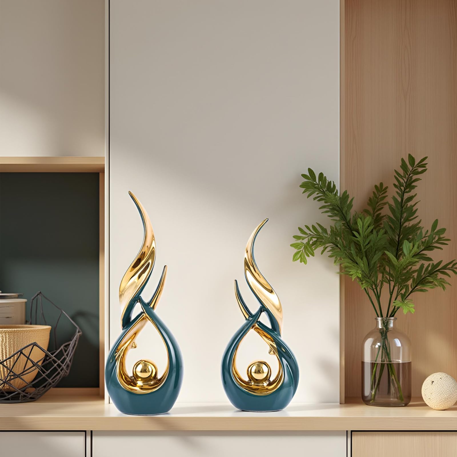 XMGZQ Juego de 2 estatuas abstractas de cerámica Dorada, Arte Abstracto Moderno de Mediados de Siglo, decoración del hogar, repisa de Chimenea en un Estante único, Divisor de Mueble de TV (Verde)