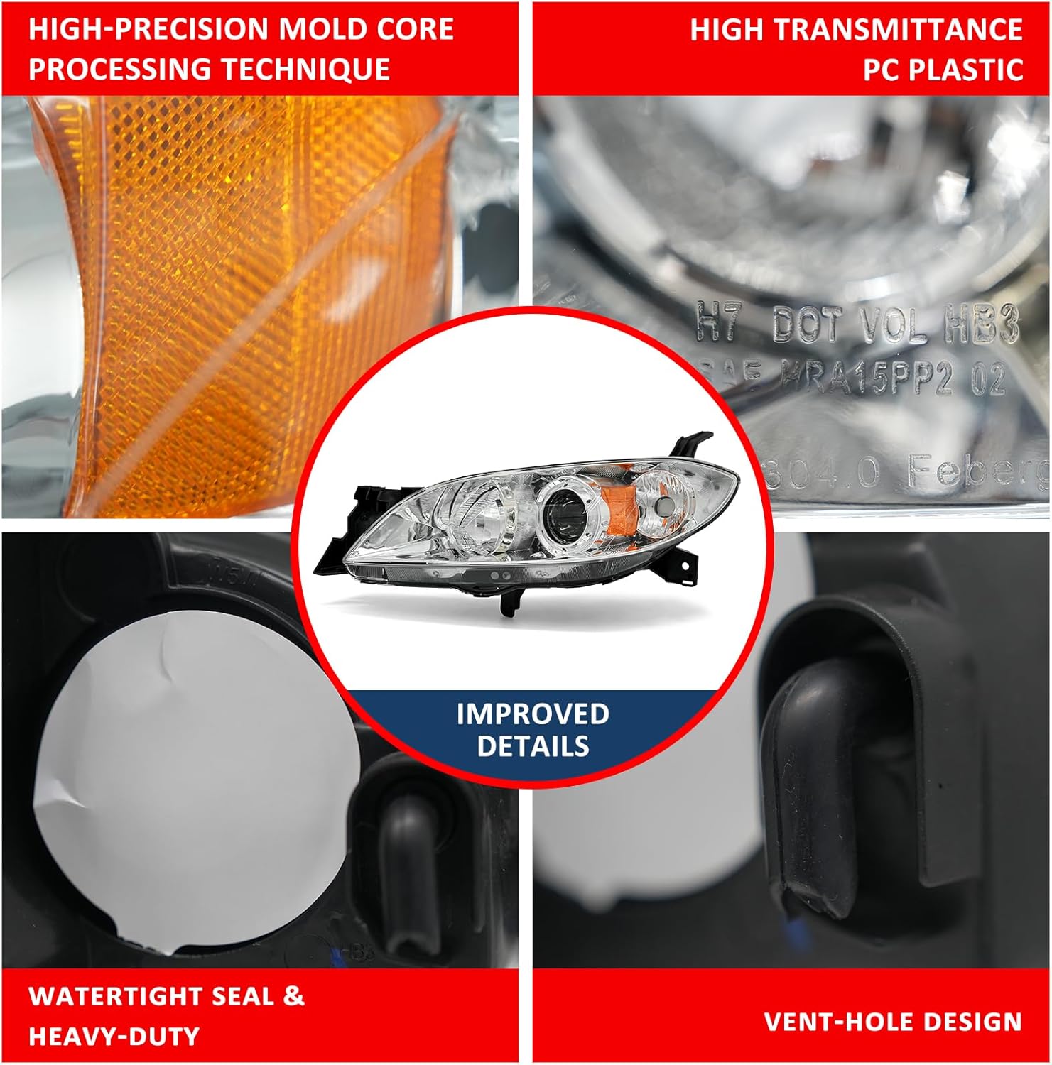 Headlight Assembly Pair for 2004-2009 Mazda 3 4DR Sedan Projector Chrome Housing Amber Reflector Left Right W/O Bulbs (Not Fit HID/Hatchback)