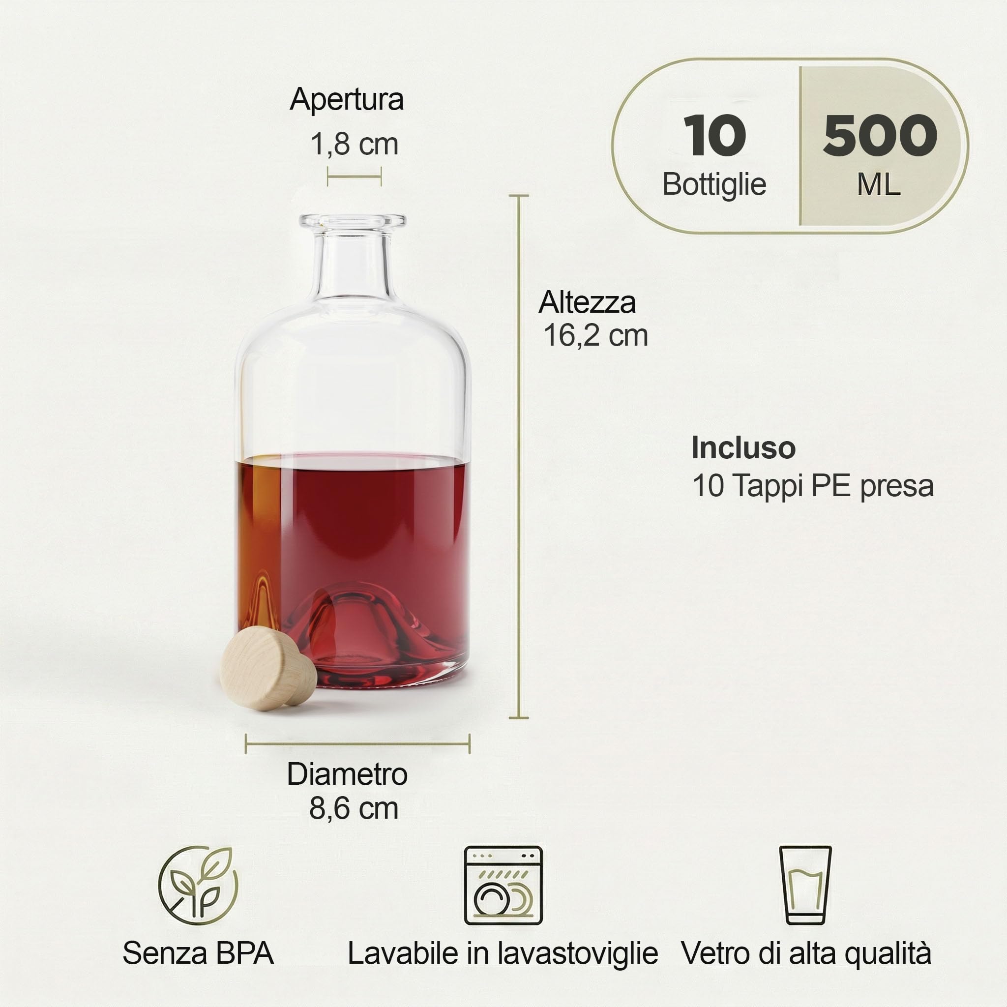 bottiglie di vetro vuote per vino, liquori, aceto, olio o da farmacia (500 ml) 10 pezzi bianco