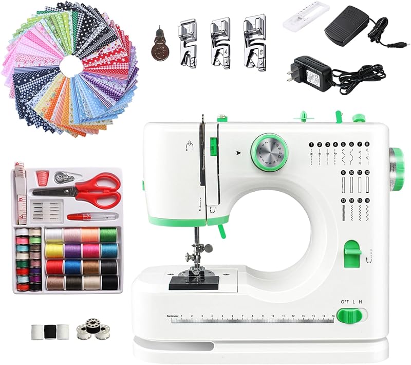 Sewing Machine for Beginners, Portable Mini Small Sewing Machine with 50 Pcs Fabric and 32 Pcs Sewing Threads Kit, 16 Built-in Stitches 2 Speed with Foot Pedal (Mint Green)
