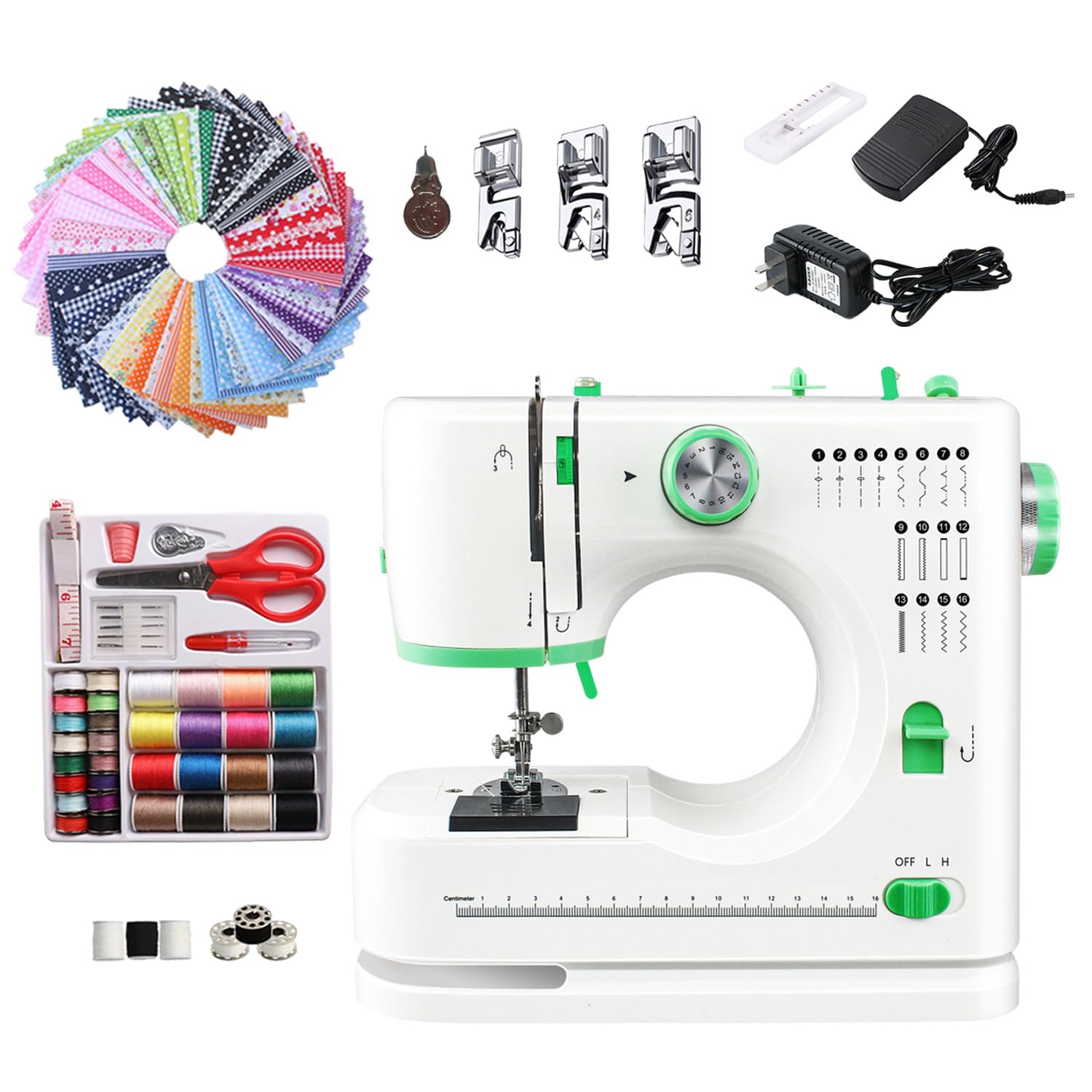 Nähmaschine für Anfänger, tragbare Mini-Nähmaschine mit 50-teiligem Stoff und 32-teiligem Nähgarn-Set, 16 integrierte Stiche, 2 Geschwindigkeiten, mit Fußpedal (Minzgrün)