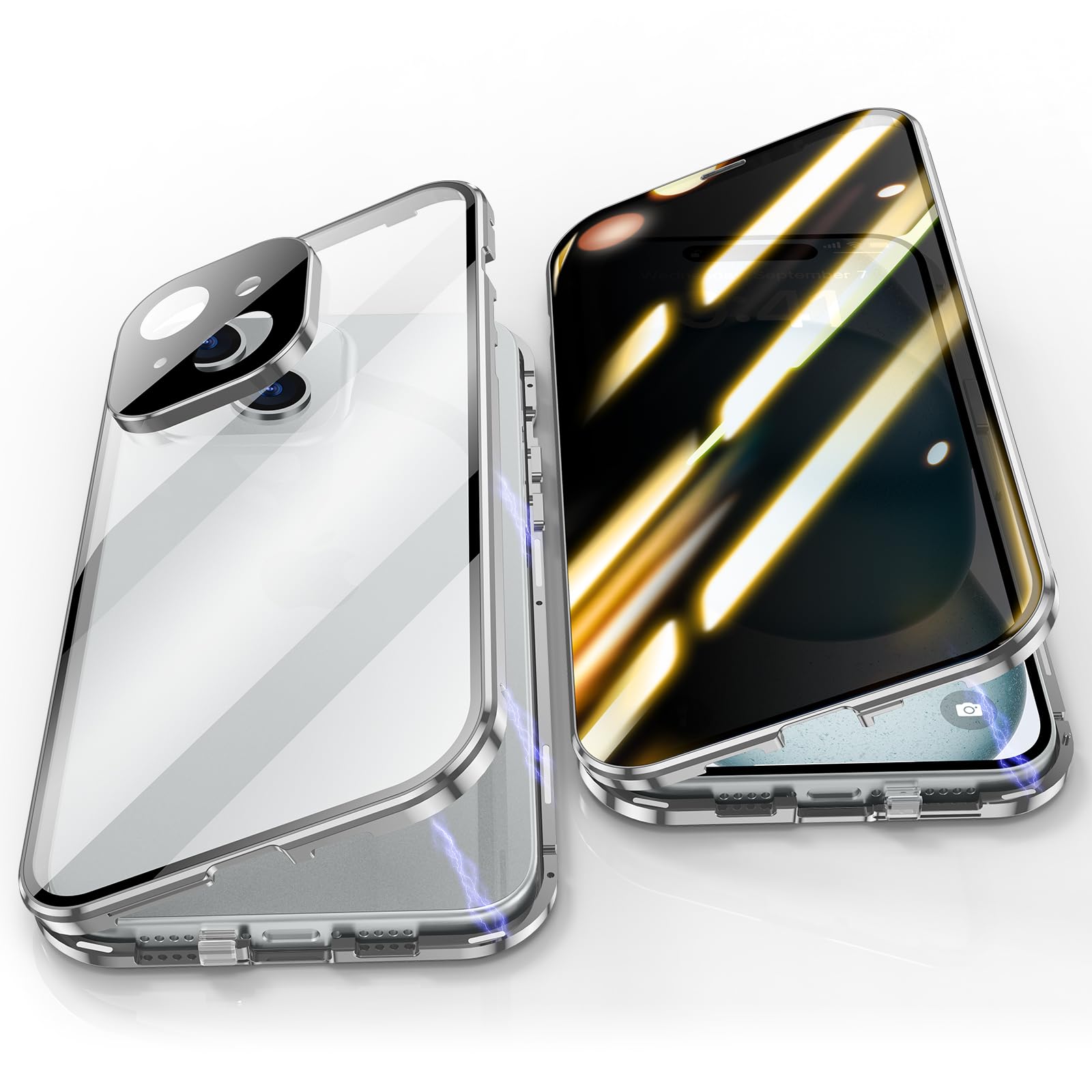 Jonwelsy Anti Peeping Hülle für iPhone 15 Plus, 360 Grad Schutz Case, Privatsphäre Gehärtetes Glas Anti-Spähen Cover, Stark Magnetische Adsorption Metallrahmen Handyhülle für iPhone 15+ (Silber)