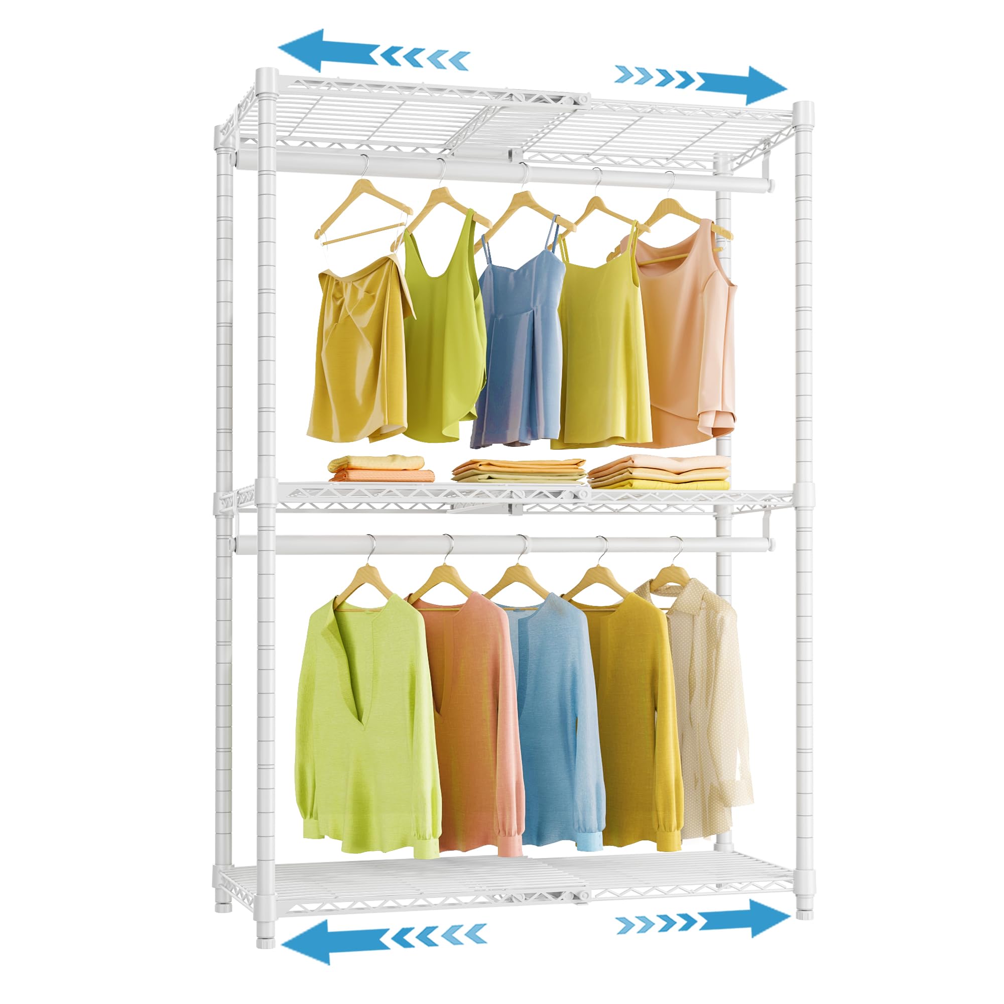 vipek x1 expandable clothes rack heavy duty adjustable from 2' to 3'5" with flexible shelves and hanger rods metal garment racks portable closet rack clothing racks for hanging clothes, white
