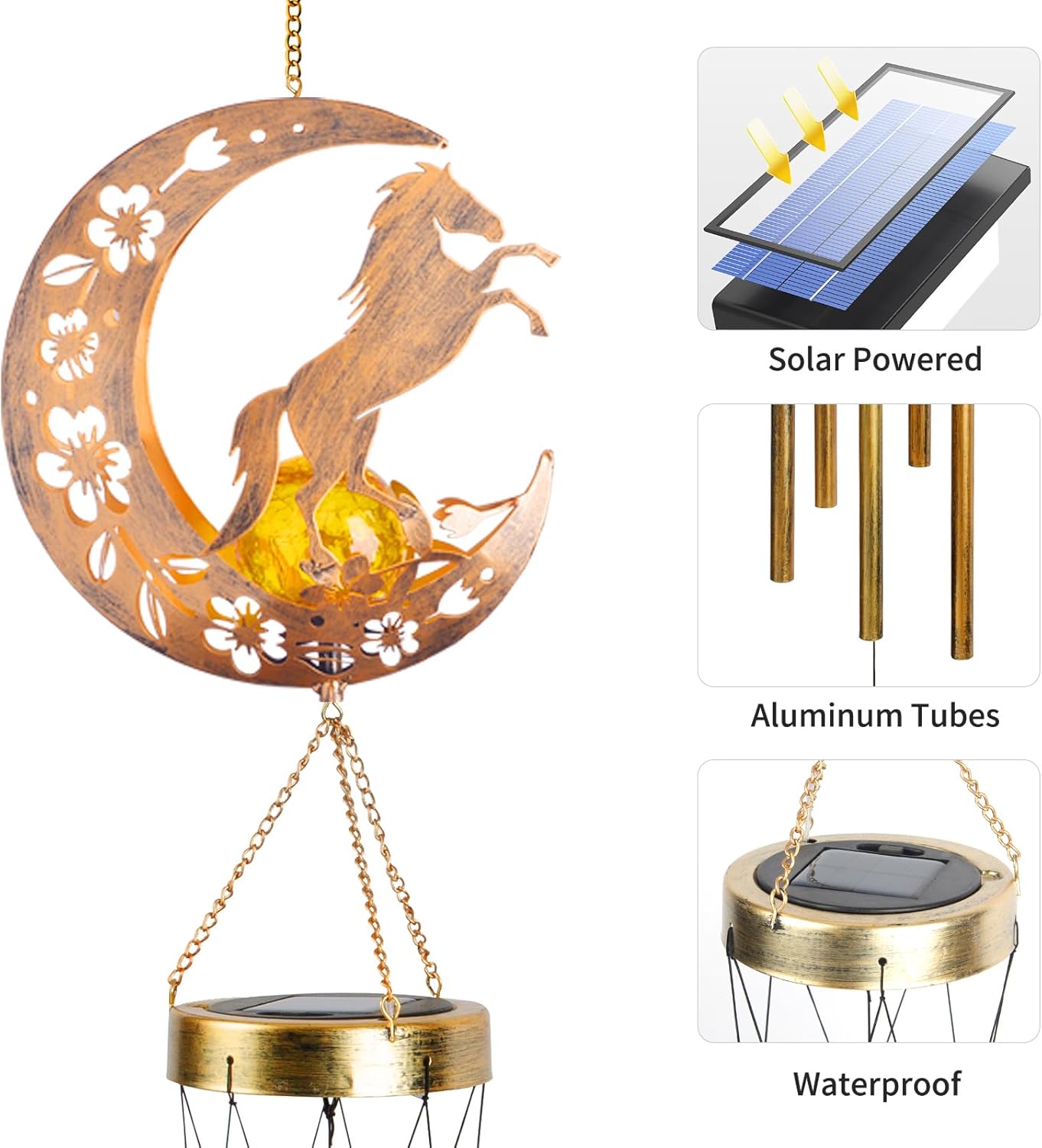 Moon Horsebird Wind Chime Outdoor, Handcrafted Metal Garden Wind Chimes with Horse & Bird Charms, Melodic Wind Bells for Patio Porch Decor, Weatherproof Gift for Equestrian & Nature Lovers