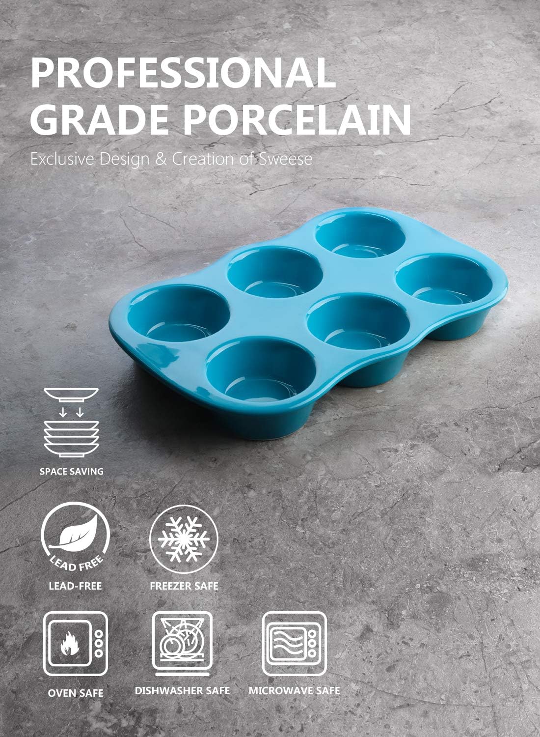 Sweese 517.107 Porcelain Muffin Pan Non-Stick Cupcake Baking Pan, 6 Cups, Each cup holds 3 oz, Steel Blue