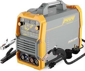 PUWU 160Amp Multiprocess MIG Welder, Gasless Flux Core/Gas MIG/Lift TIG/Stick Welder 4 in 1 Welding Machine with IGBT Inverter LED Digital Display,Thermal Protection, 110V/220V Dual Voltage（YELLOW）