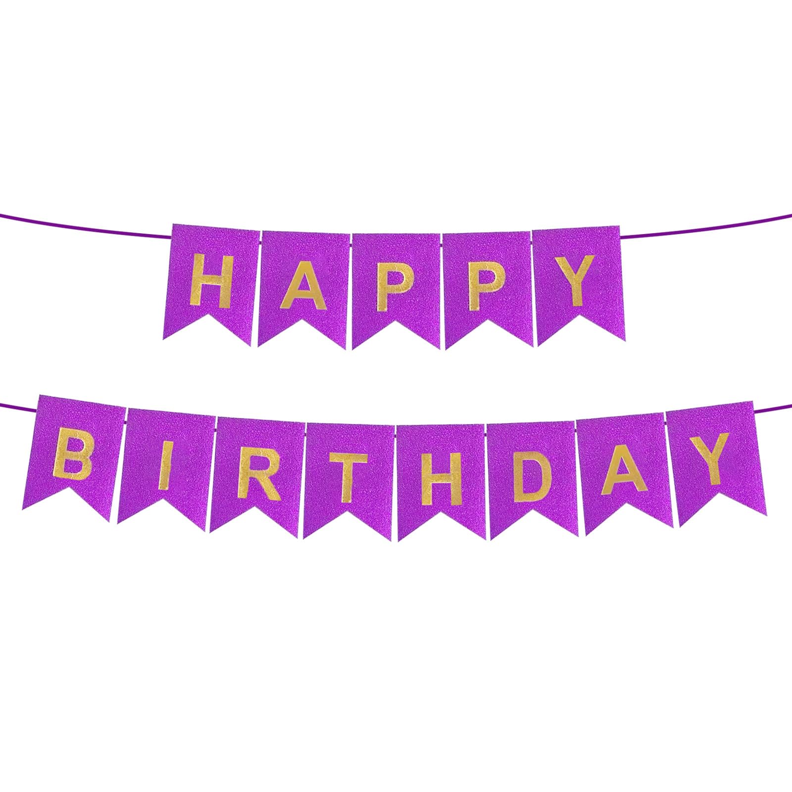 Purple Happy Birthday Banner - 16 ft Pre-Strung Gold Purple Birthday Party Decorations Sign for Girls, Boys, Kids, Women - No DIY Hanging Backdrop for Indoor &amp; Outdoor Celebrations