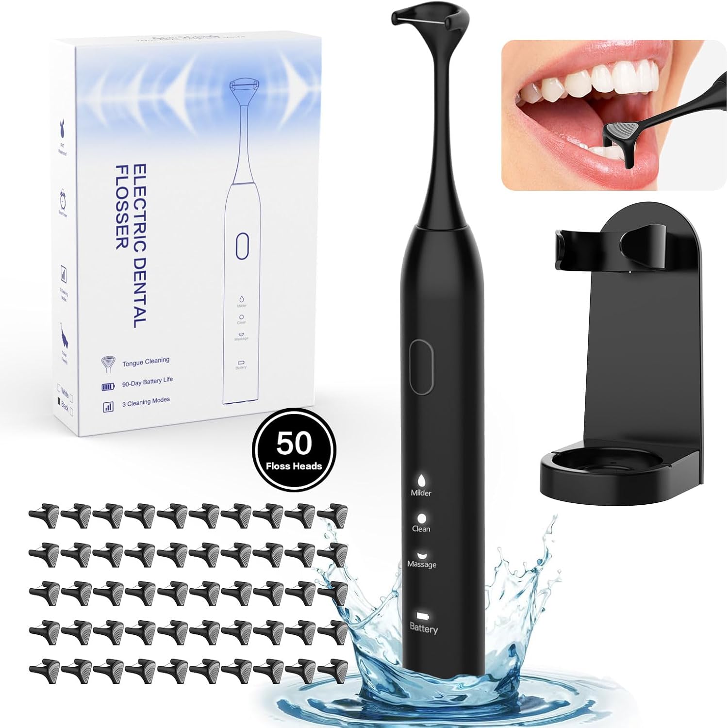 Voraiya Electric Flosser for Teeth Electric Flosser Dental Floss 3 Modes + 50 Replacement Heads Rechargable Ultrasonic Power Flossing for Teeth Adults & Kids