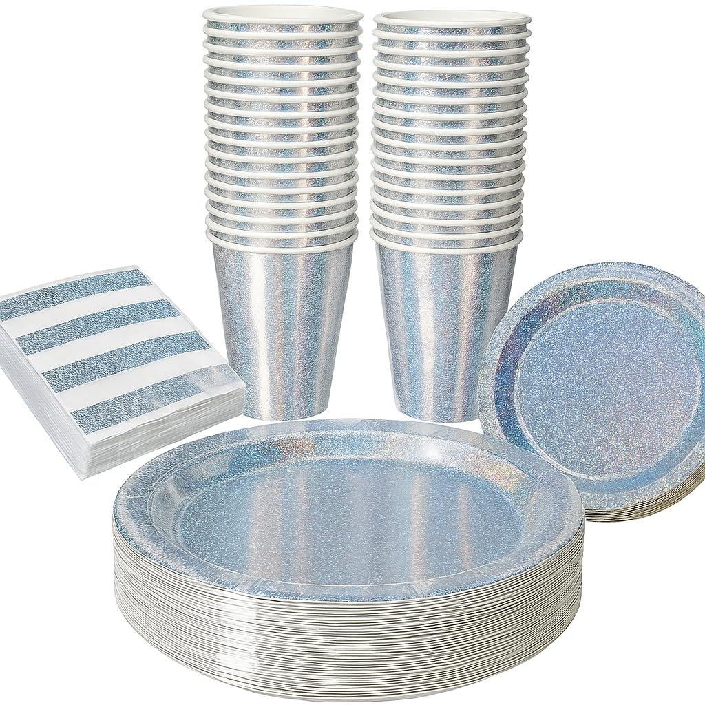 120-Piece Silver Prismatic Party Supplies Set – 9” Dinner Plates, 7” Dessert Plates, 9 oz Cups & 3-Ply Napkins – Disposable Silver Tableware for Birthdays, Anniversaries & Special Events