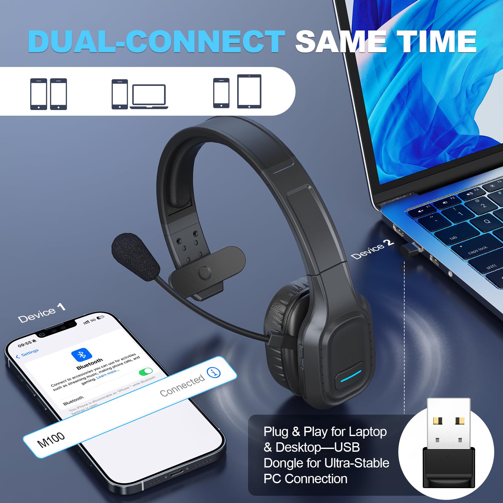 Auricolare Bluetooth per camionisti: cuffie wireless con microfono per telefoni, Skype, Call Center, ufficio (nero, chiavetta USB inclusa)