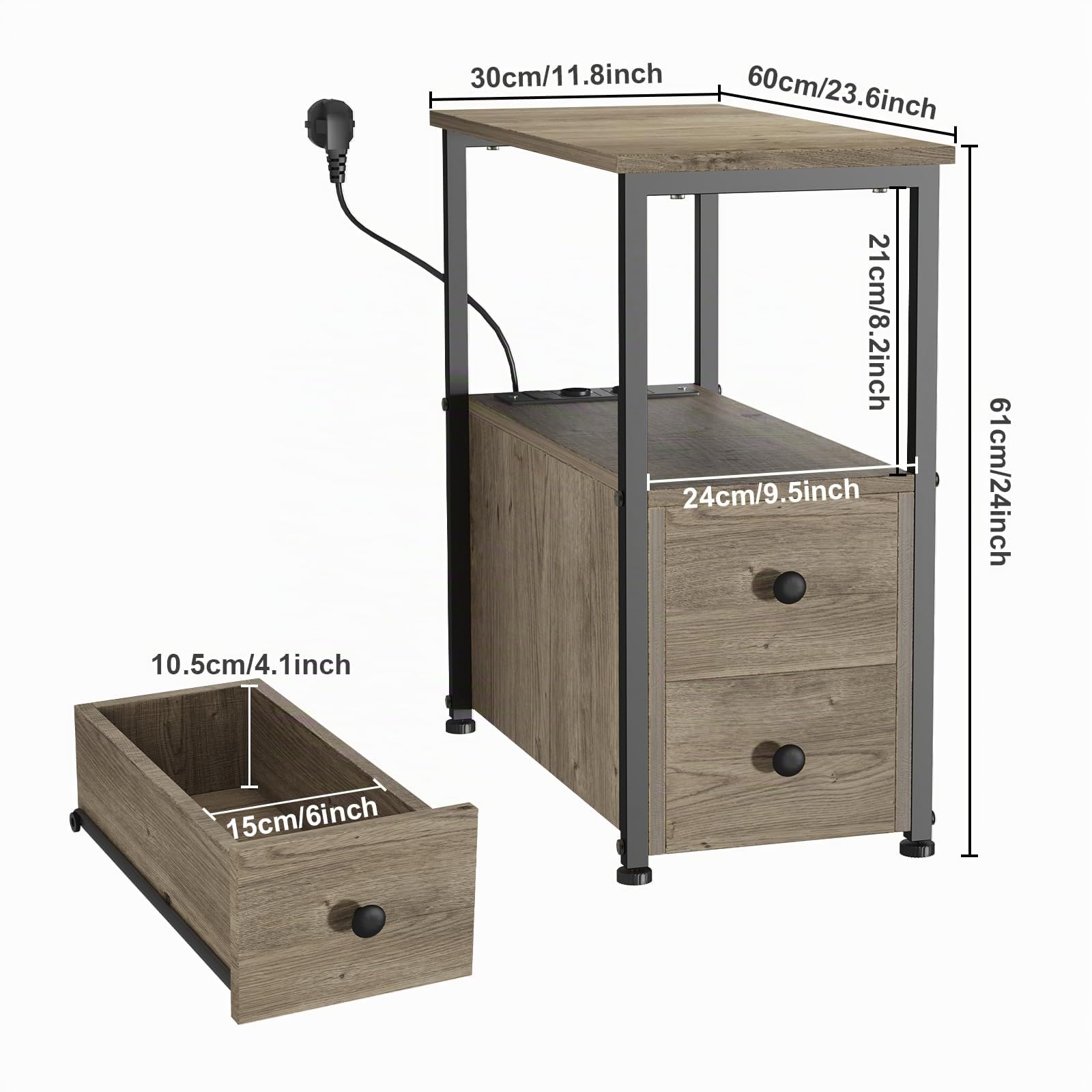 Mesita de Noche con Enchufe, Mesa Auxiliar con 2 cajón, Dormitorio Estrecha Mesitas de Noche, Organizador para Dormitorio, Sala de Estar Gris