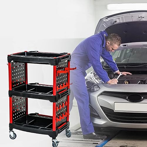 Miniatura 7 de Carro organizador de herramientas para detallado de automóvil, carrito de herramientas de detallado rodante, con 4 tablas de herramientas, carrito