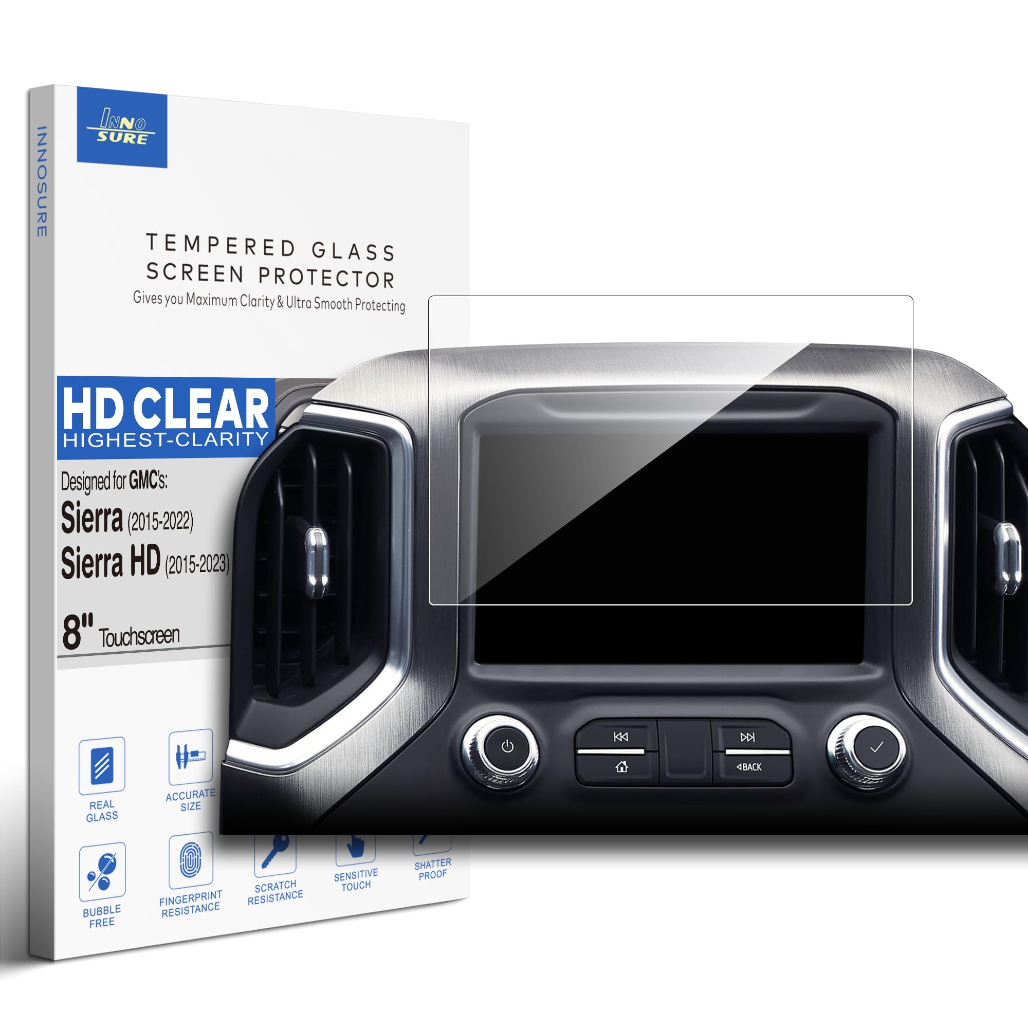 INNOSURE Glass Screen Protector for (2015-2021) GMC Sierra 1500, (2015-2023) Sierra HD 2500 3500 Multi-media 8 Inch Touchscreen (HD Clear)