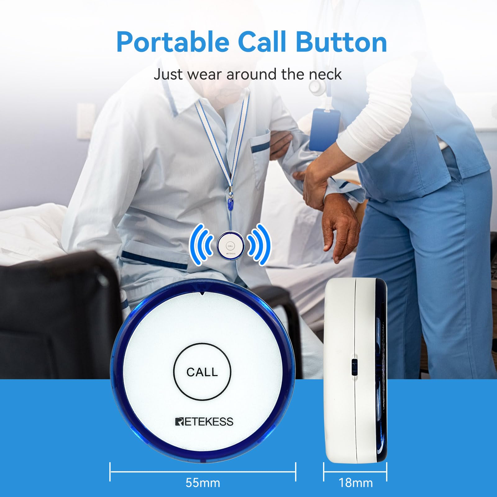 Retekess TH012 Botón de Llamada SOS Inteligente WiFi, Buscapersonas para Cuidadores, 2 Meses de Tiempo de Espera,1 Botón de Llamada para Personas Mayores, Pacientes Discapacitados