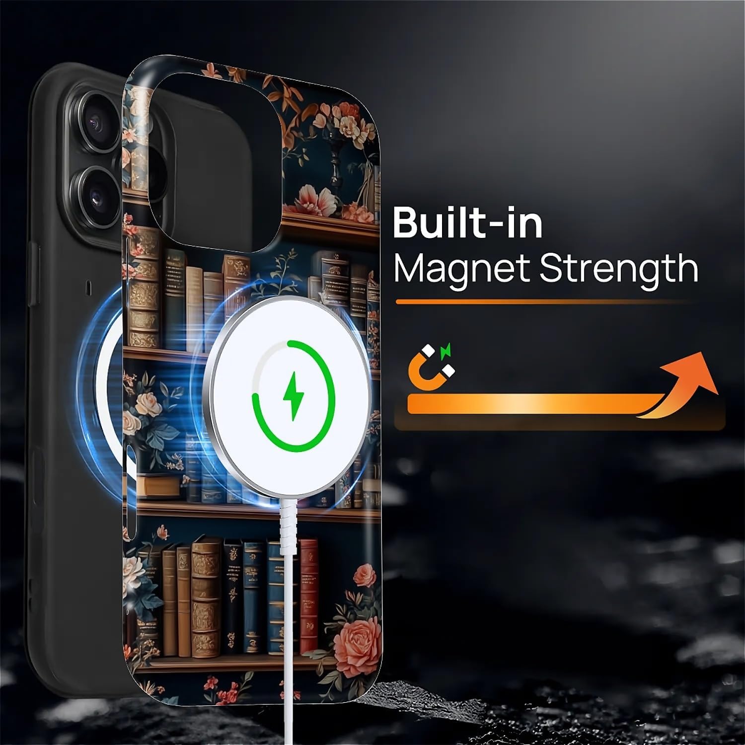 Case for iPhone 16 Pro Max,Compatible with MagSafe,Magentic Hybrid 2 Layer Durable Shockproof Protective for Woman Girl-Flower Bookshelf - Image 4