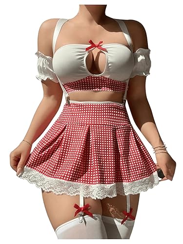 OYOANGLE Women's 9 Piece Garter Lingerie Set Plaid Bow Knot Cut Out Teddy Babydoll with Stockings - X-Large - Red and White