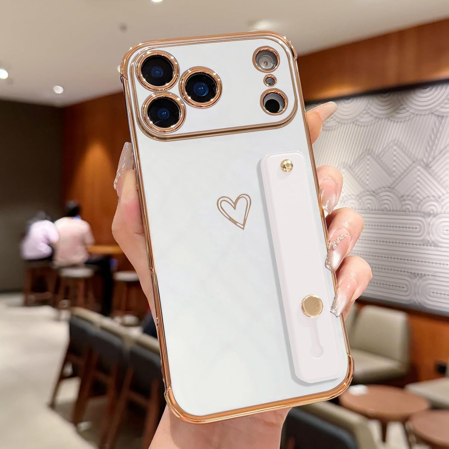 for iPhone 17 Pro Case for Women Girls, Bling Luxury Plated Bumper with Cute Love-Heart Design, Adjustable Hand Strap Stand, Raised Edges Shockproof Protection for iPhone 17 Pro - White - Image 2