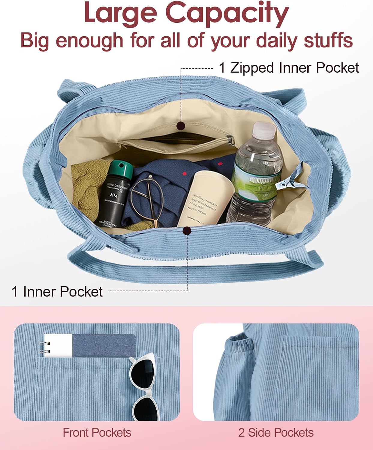 Miss Adola Large Corduroy Tote Bag for Women with Zipper image 5