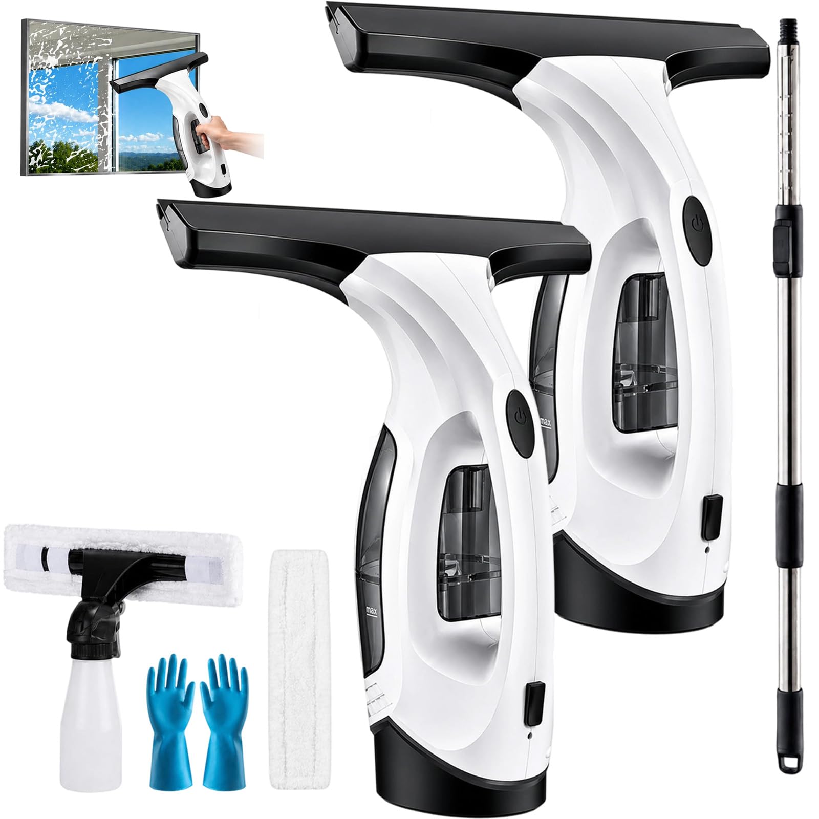 Rechargeable Cordless Window Vacuum Squeegee, Window Vac Kit, 150ml Tank, 280mm Blade, Streak-Free Glass Cleaner for Window, Mirror, Tile, Shower, Condensation & Car Windshield (2PC)