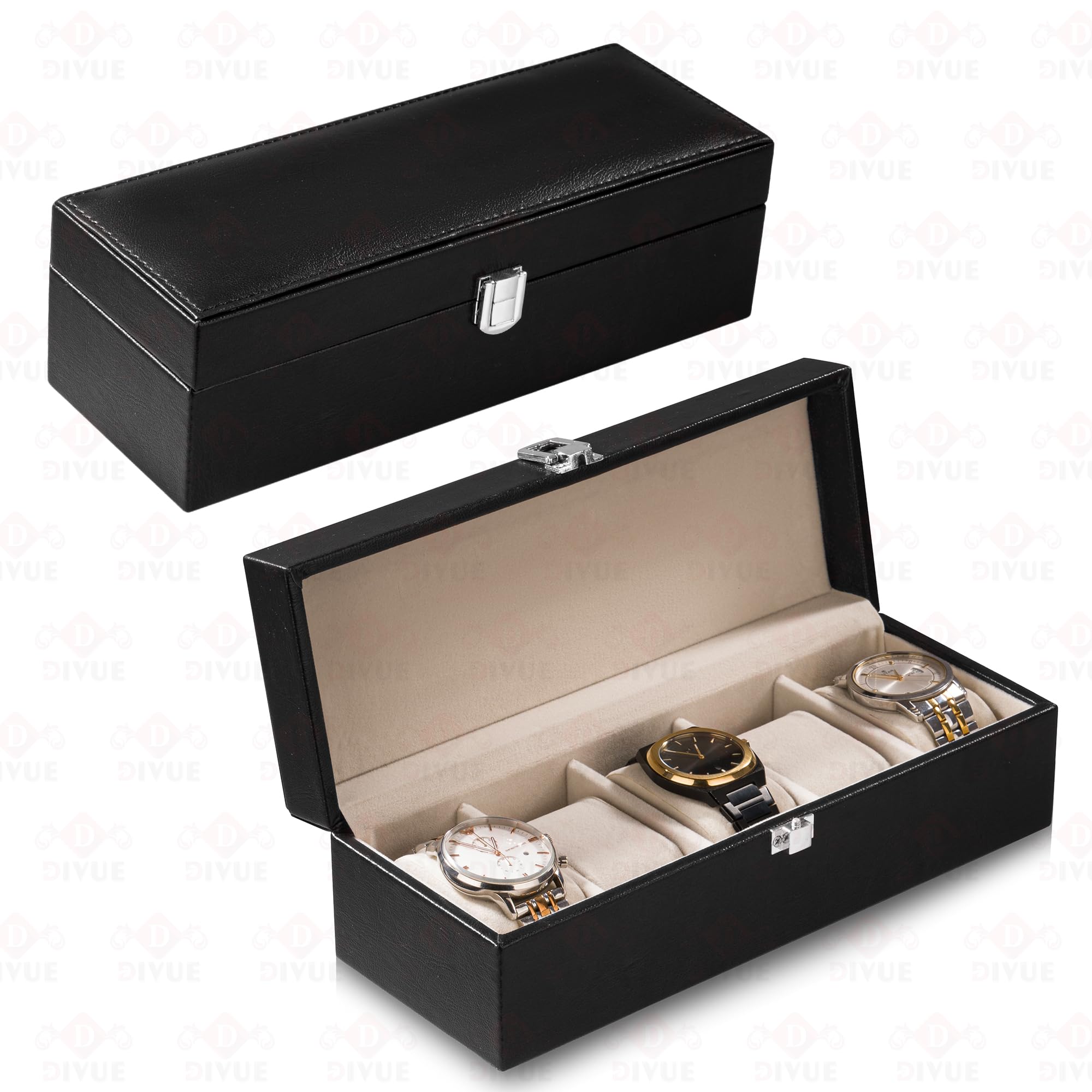 DIVUE Velvet Watch box organizer Case 5 slots, PU Leather Wrist Watch Lockable Box Storage Holder Organizer For Men and Women Travel Black and cream color With Hard material Pillow Leather (B0CNZC6R1N) Amazon Price History, Amazon Price Tracker