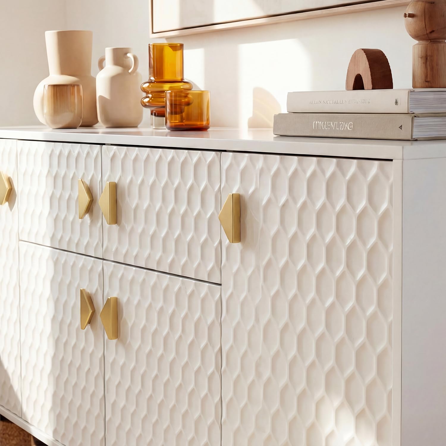 Sideboard 160 cm mit Strukturfront & 4 Türen, Weiß-Gold