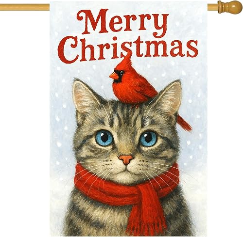 BlissYard Christmas House Flag 28x40 Inch Tabby Cat Red Bird Yard Decor