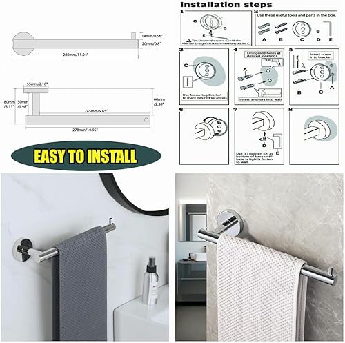 Miniatura 6 de Alise Toallero de mano para baño, toallero para baño, montaje en pared, toallero de acero inoxidable SUS304, para almacenamiento, cromo pulido